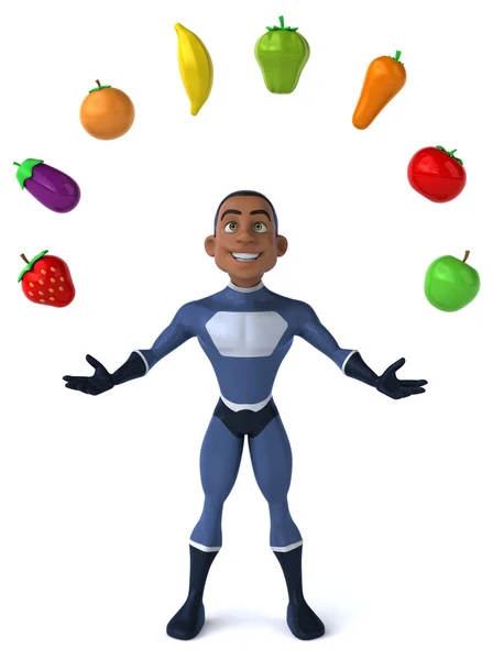 Superbohater zabawa żonglerka owoce — Zdjęcie stockowe