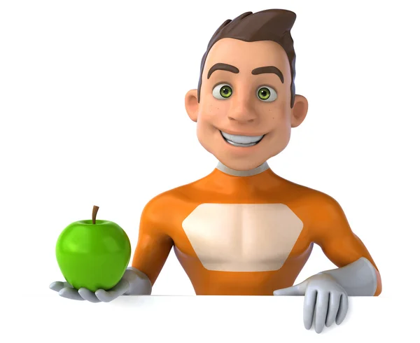 Elma ve beyaz tahta ile eğlenceli süper kahraman — Stok fotoğraf