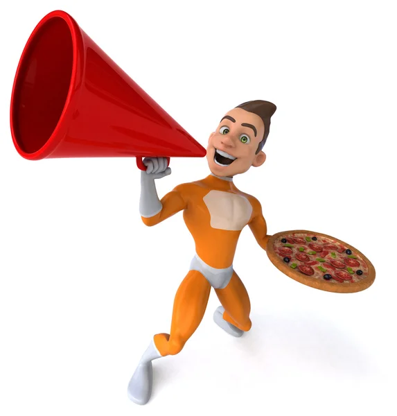 Fun superhero  with pizza and megaphone — Stock Photo, Image