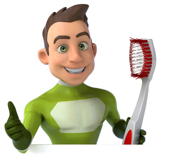 Superhero   with  toothbrush and white board — Stock Photo, Image