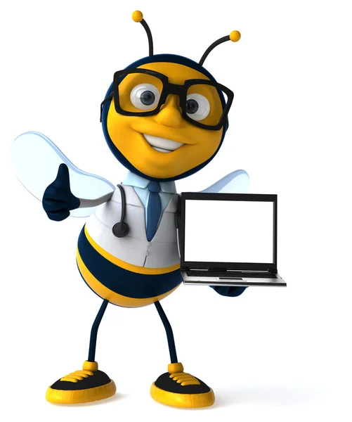 ノート パソコンで楽しいミツバチ博士 — ストック写真