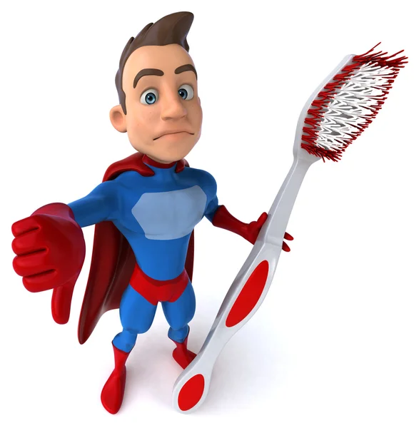 Веселый супергерой с зубной щеткой — стоковое фото