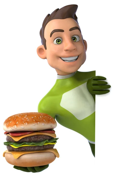 Superhero 3d with burger — Stock Photo, Image