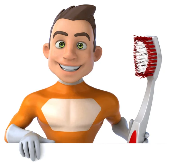 Süper kahraman diş fırçası ile eğlenceli — Stok fotoğraf