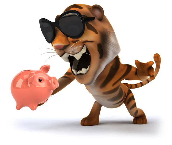 Tigre divertido com banco porquinho — Fotografia de Stock