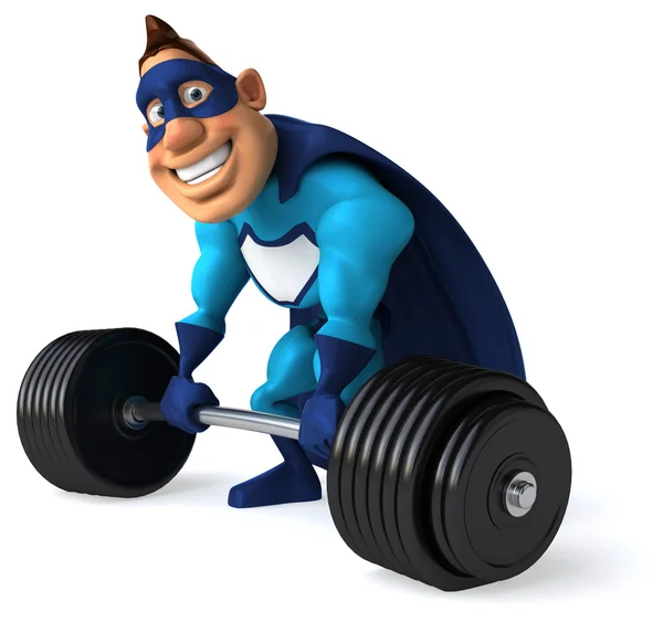 Fun superhero with weights — Stock Photo, Image