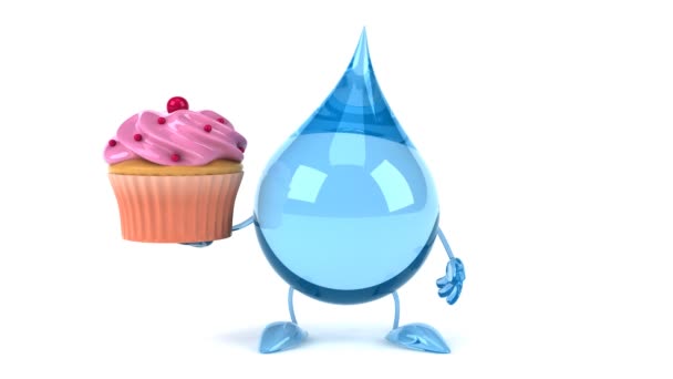 Cartoon waterdruppel met cupcake — Stockvideo