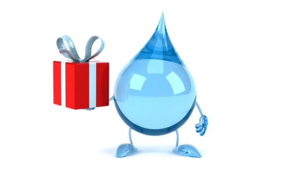 Fun cartoon water drop with gift — Stock Video