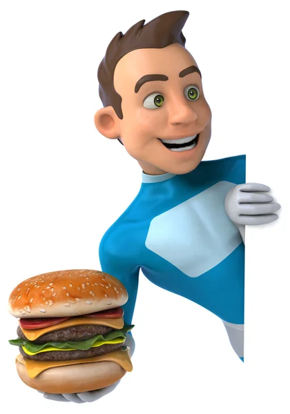 Superhero 3d with burger — Stock Photo, Image