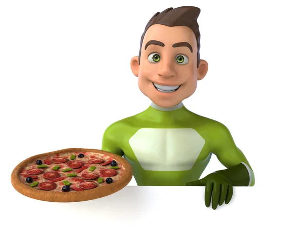 Fun superhero with pizza — Stock Photo, Image