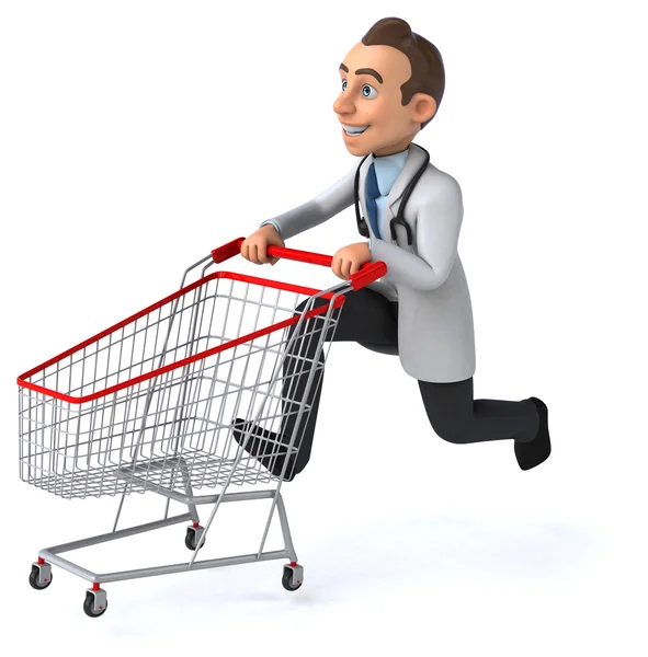 Fun doctor with shopping cart — Stock Photo, Image