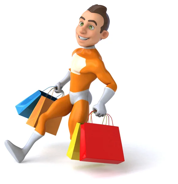 Superherói segurando sacos de compras — Fotografia de Stock