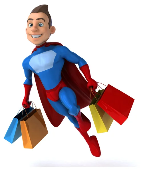 Superherói segurando sacos de compras — Fotografia de Stock