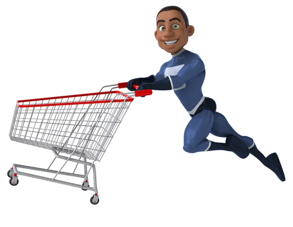 Superhero with shopping cart — Stock Photo, Image