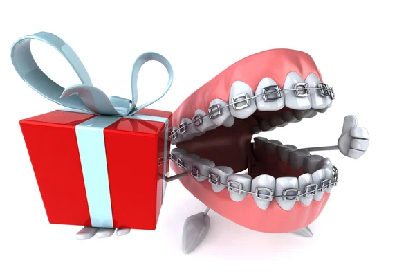 Fun teeth with gift — Stock Photo, Image