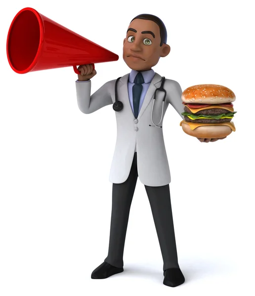 Divertente medico con hamburger — Foto Stock