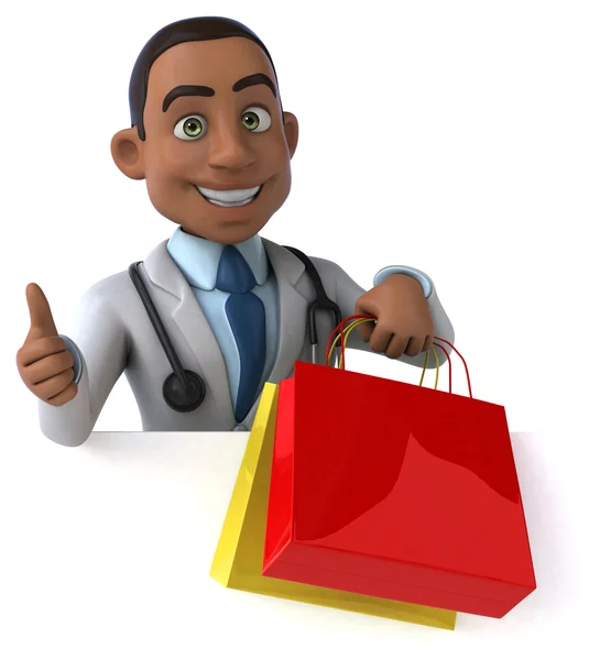 Médico divertido con bolsas de compras — Foto de Stock