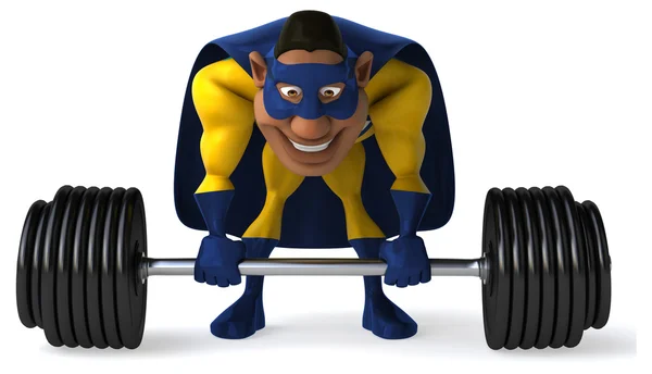 Fun superhero with weights — Stock Photo, Image