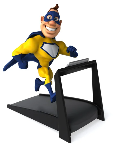 Fun superhero on treadmill — Stock Photo, Image