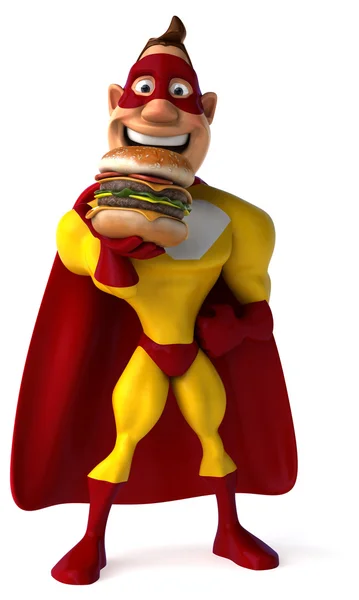 Superheld 3d met Hamburger — Stockfoto
