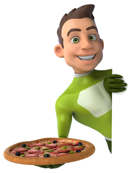 Fun superhero with pizza — Stock Photo, Image