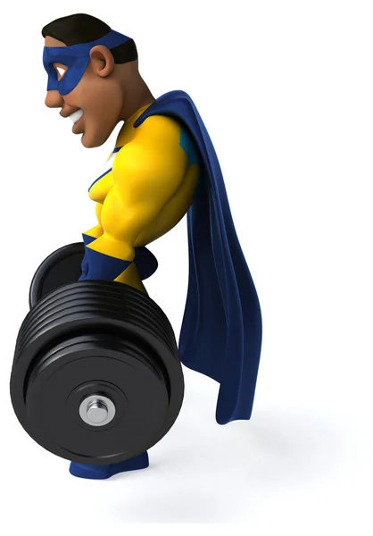 Fun superhero with weights — Stock Photo, Image