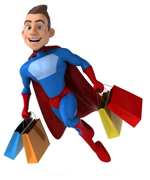 Fun superhero with shopping bags — Stock Photo, Image