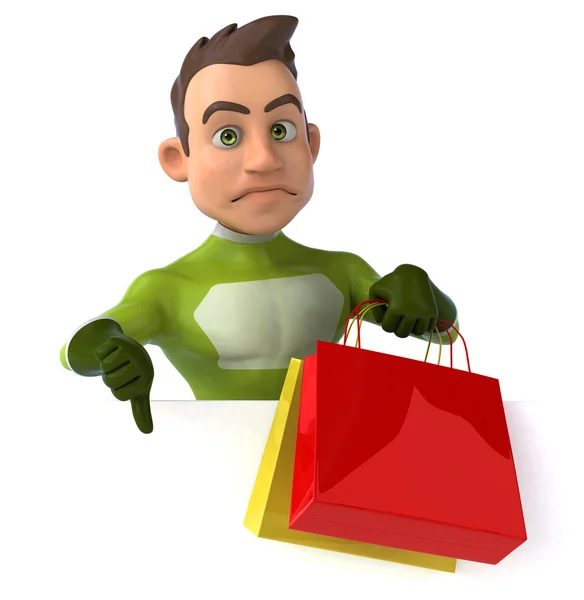 Fun superhero with shopping bags — Stock Photo, Image