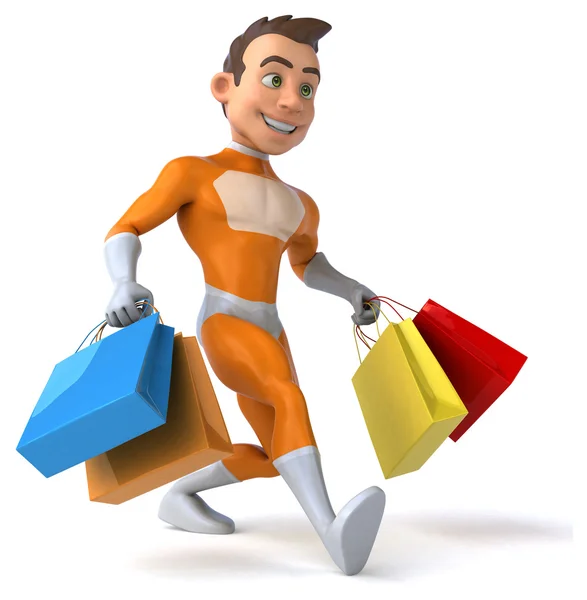 Fun superhero with shopping bags — Stock Photo, Image