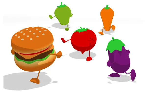 Vegetables running behind burger — Stock Photo, Image