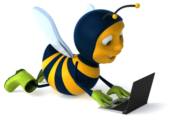 Веселая мультяшная пчела с ноутбуком — стоковое фото