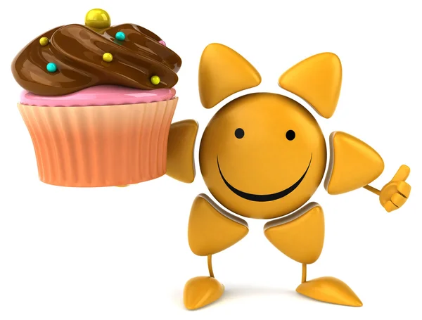 Divertente sole cartone animato con cupcake — Foto Stock