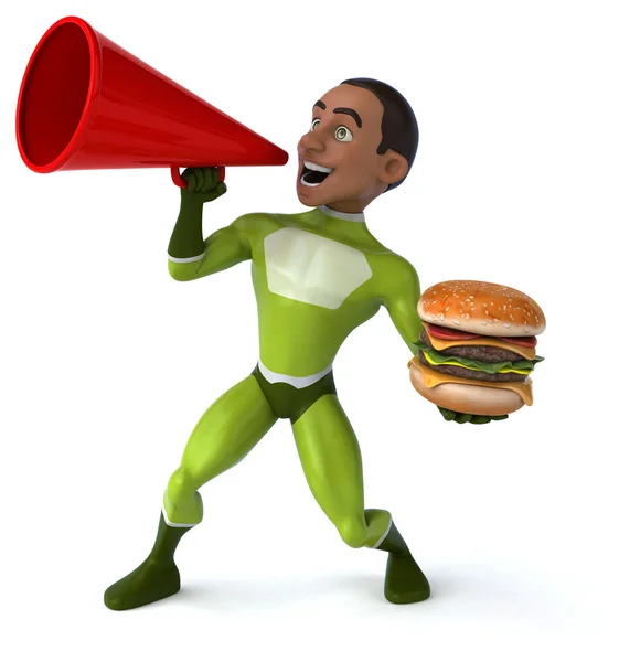 Leuk superheld met Hamburger — Stockfoto