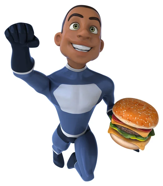 Fun superhero with burger — Stock Photo, Image