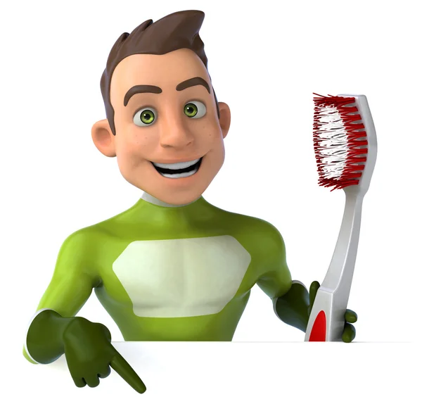 Leuke superheld met tandenborstel — Stockfoto
