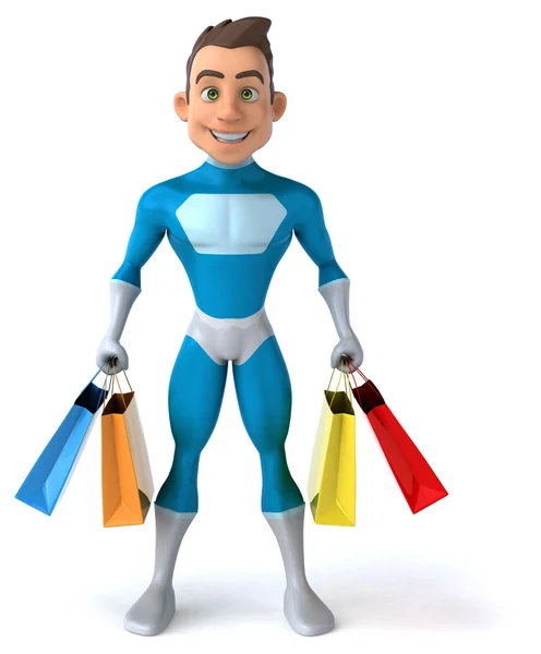 Fun superhero with shopping bags — Stock Photo, Image