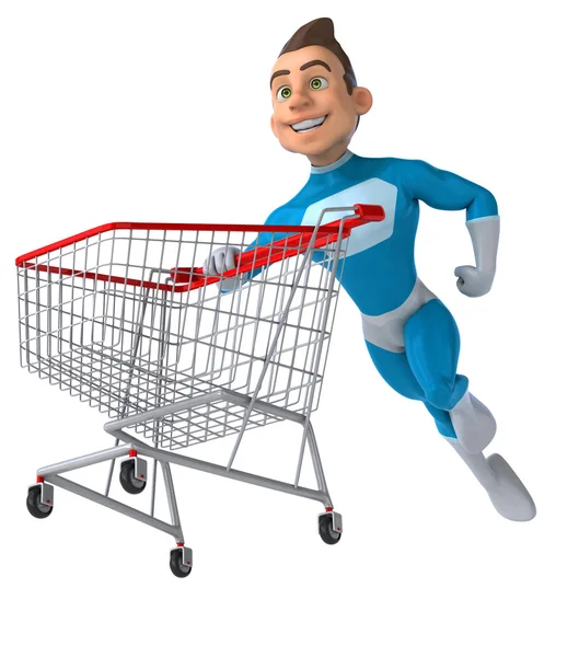 Superhero with shopping cart — Stock Photo, Image