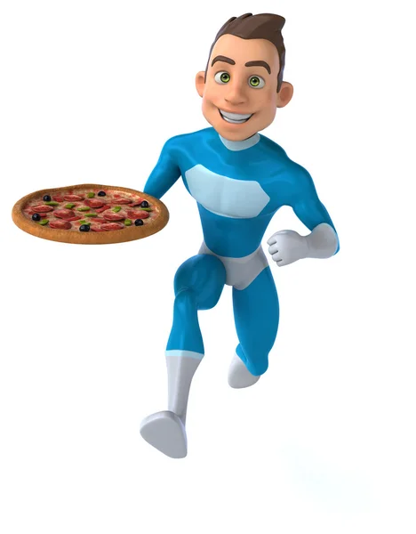 Divertente supereroe con pizza — Foto Stock