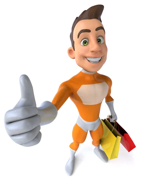 Fun superhero with shopping bags — Stock Photo, Image