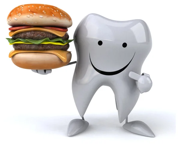 Cartoon tooth with burger — Stock Photo, Image