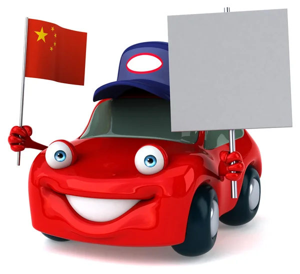 Divertido coche de dibujos animados con bandera —  Fotos de Stock