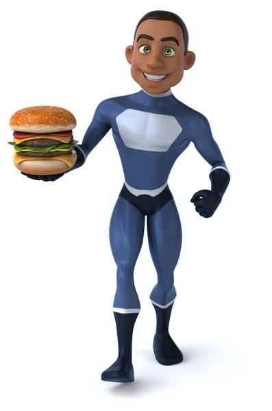 Fun superhero with burger — Stock Photo, Image