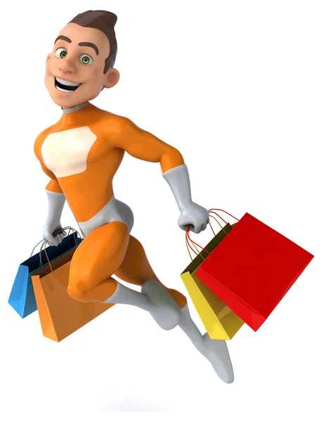 Leuk superheld met shopping tassen — Zdjęcie stockowe