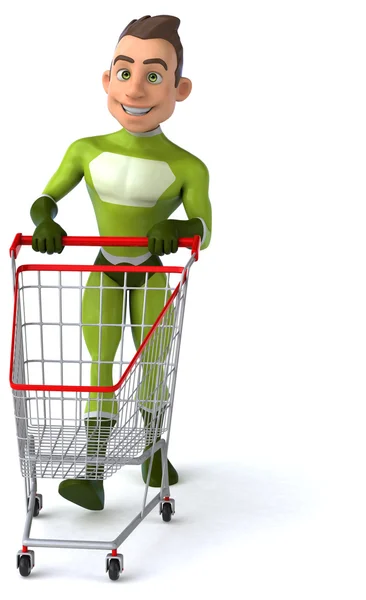 Fun superhero with shopping cart — Stock Photo, Image