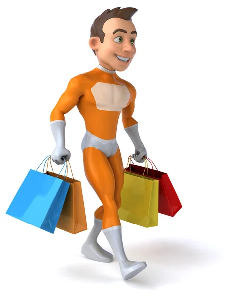 Leuk superheld met shopping tassen — Stockfoto