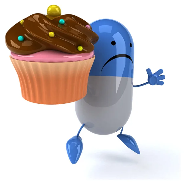 Fun cartoon pill with cupcake — Stock Photo, Image