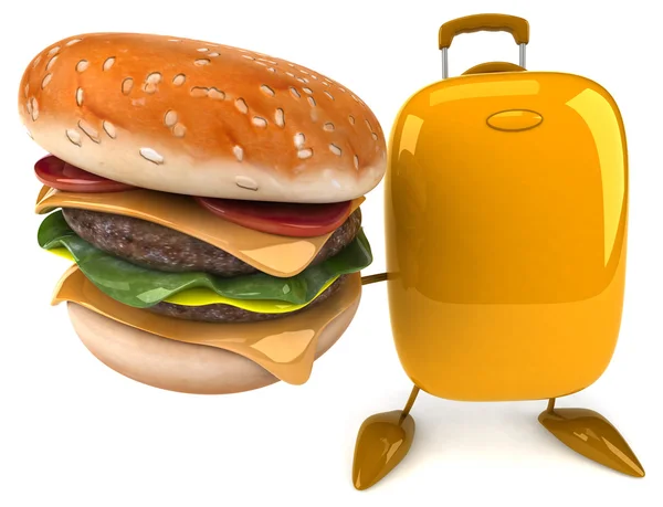 Fun cartoon suitcase with burger — Stock Photo, Image