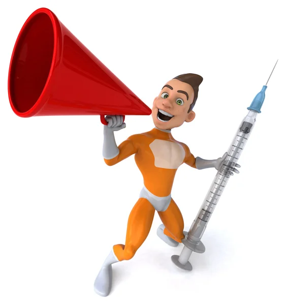 Fun superhero with syringe — Stock Photo, Image