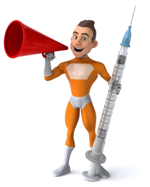 Fun superhero with syringe — Stock Photo, Image