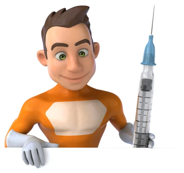 Fun superhero with syringe — Stock Photo, Image